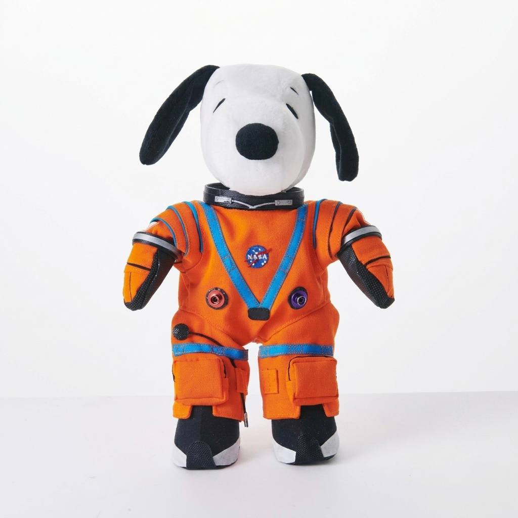 Snoopy plushie in orange Artemis spacesuit